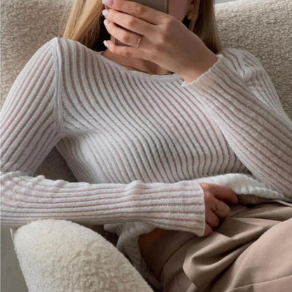 Elegant Striped Long Sleeve See-Through Top for Women in Green, featuring a flattering slim fit and breathable fabric for spring and summer wear.