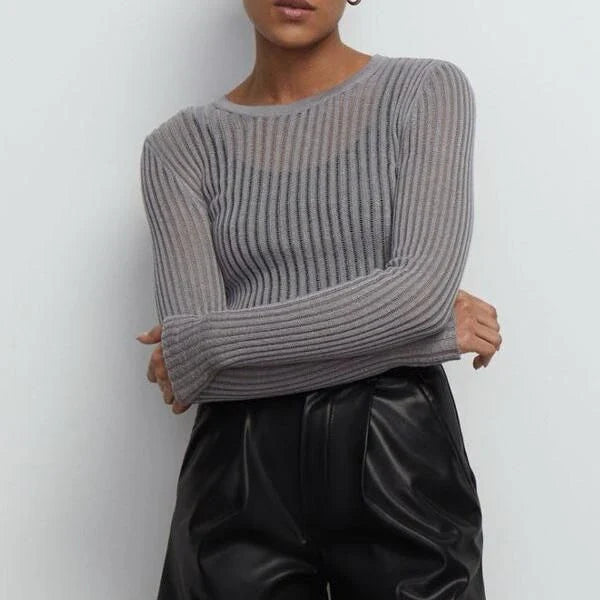 Elegant Striped Long Sleeve See-Through Top for Women in Green, featuring a flattering slim fit and breathable fabric for spring and summer wear.