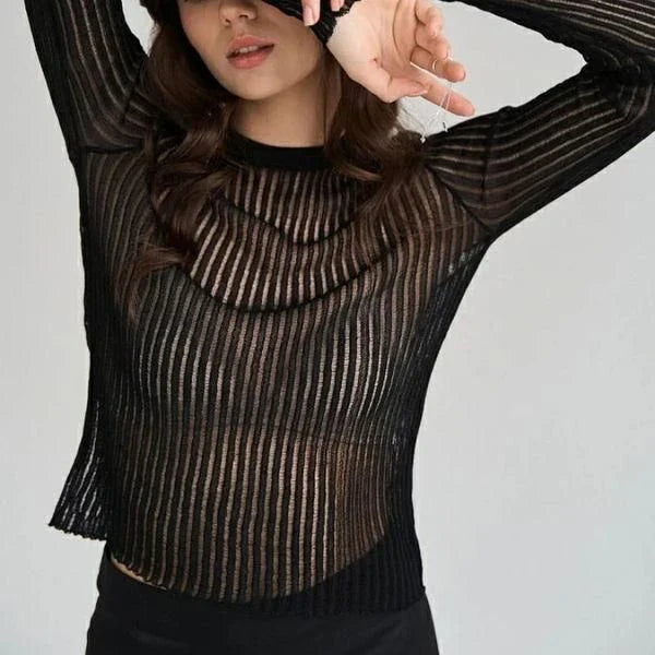 Elegant Striped Long Sleeve See-Through Top for Women in Green, featuring a flattering slim fit and breathable fabric for spring and summer wear.
