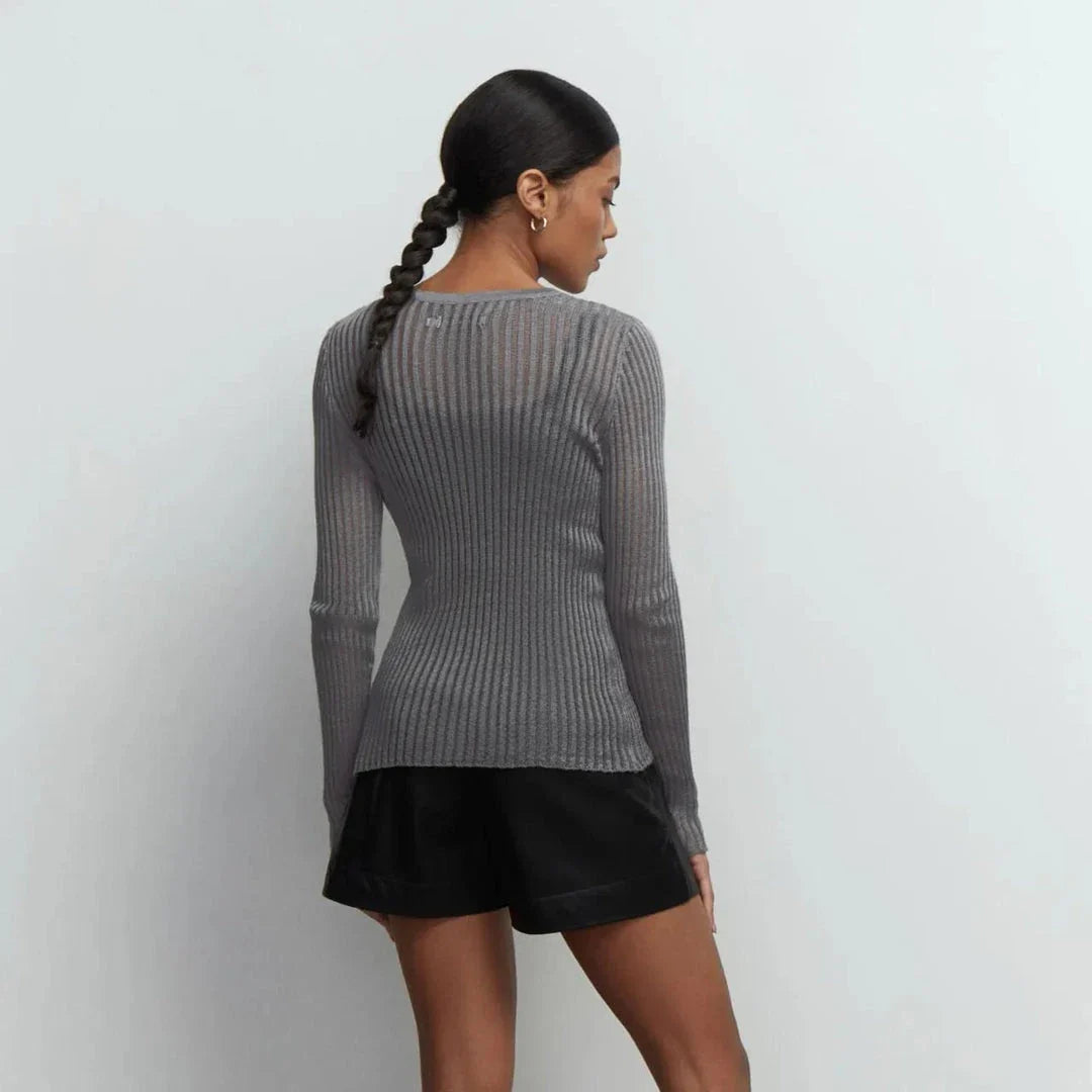 Elegant Striped Long Sleeve See-Through Top for Women in Green, featuring a flattering slim fit and breathable fabric for spring and summer wear.