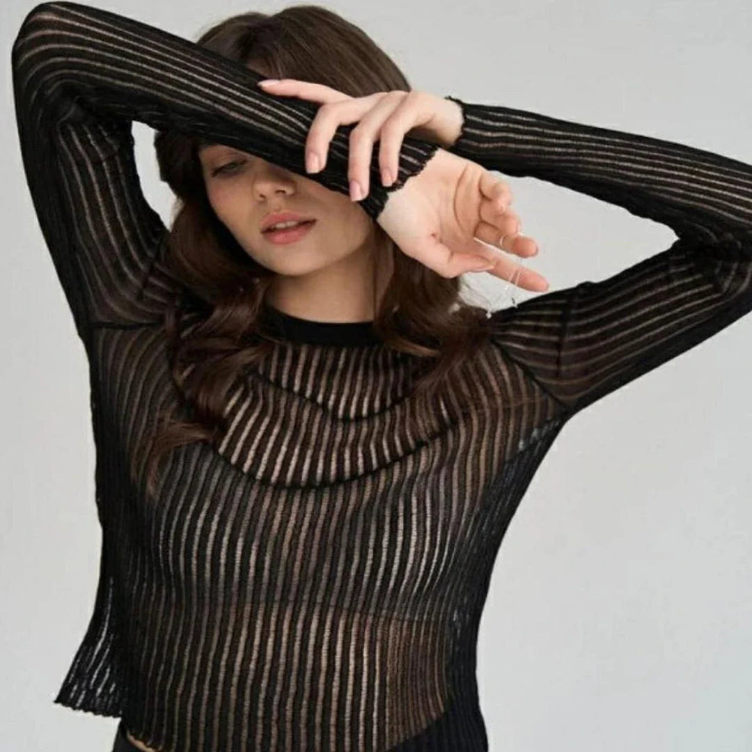 Elegant Striped Long Sleeve See-Through Top for Women in Green, featuring a flattering slim fit and breathable fabric for spring and summer wear.