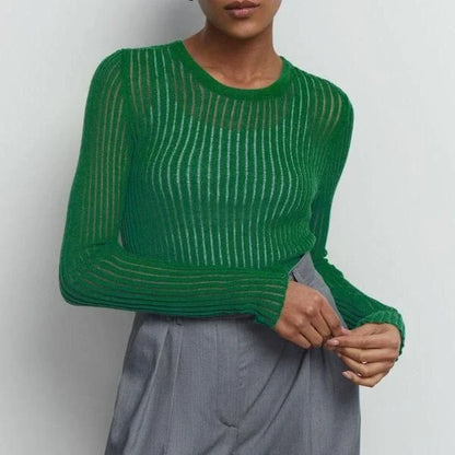 Elegant Striped Long Sleeve See-Through Top for Women in Green, featuring a flattering slim fit and breathable fabric for spring and summer wear.