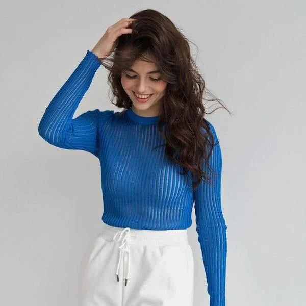 Elegant Striped Long Sleeve See-Through Top for Women in Green, featuring a flattering slim fit and breathable fabric for spring and summer wear.