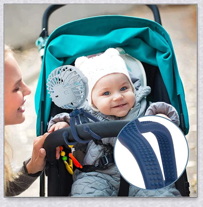 A rechargeable stroller fan with a flexible tripod and adjustable airflow settings, perfect for keeping babies cool during summer outings.