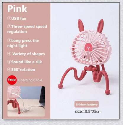 A rechargeable stroller fan with a flexible tripod and adjustable airflow settings, perfect for keeping babies cool during summer outings.