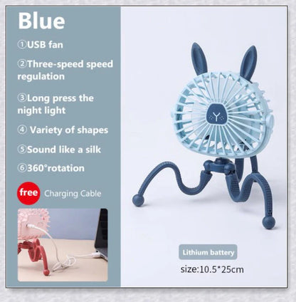 A rechargeable stroller fan with a flexible tripod and adjustable airflow settings, perfect for keeping babies cool during summer outings.