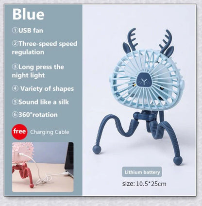 A rechargeable stroller fan with a flexible tripod and adjustable airflow settings, perfect for keeping babies cool during summer outings.
