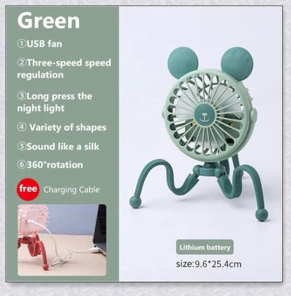 A rechargeable stroller fan with a flexible tripod and adjustable airflow settings, perfect for keeping babies cool during summer outings.