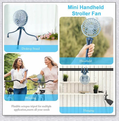 A rechargeable stroller fan with a flexible tripod and adjustable airflow settings, perfect for keeping babies cool during summer outings.