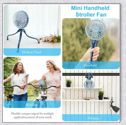 A rechargeable stroller fan with a flexible tripod and adjustable airflow settings, perfect for keeping babies cool during summer outings.