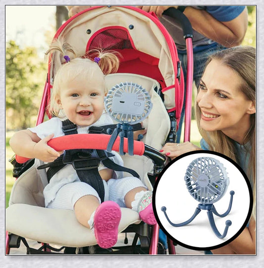 A rechargeable stroller fan with a flexible tripod and adjustable airflow settings, perfect for keeping babies cool during summer outings.