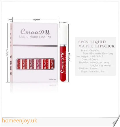 6 boxes of matte, non-stick, waterproof lipstick and long-lasting lip gloss in a variety of vibrant, British-inspired shades