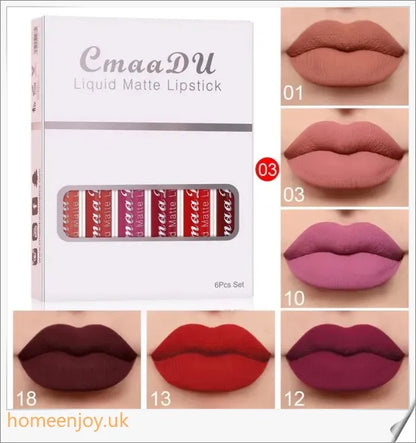 6 boxes of matte, non-stick, waterproof lipstick and long-lasting lip gloss in a variety of vibrant, British-inspired shades