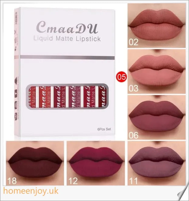 6 boxes of matte, non-stick, waterproof lipstick and long-lasting lip gloss in a variety of vibrant, British-inspired shades