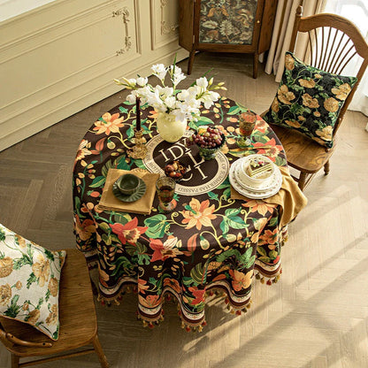 Elegant dark brown luxury tassel tablecloth with intricate printed patterns and delicate tassels, perfect for sophisticated dining decor