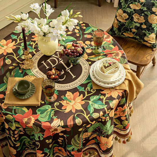 Elegant dark brown luxury tassel tablecloth with intricate printed patterns and delicate tassels, perfect for sophisticated dining decor