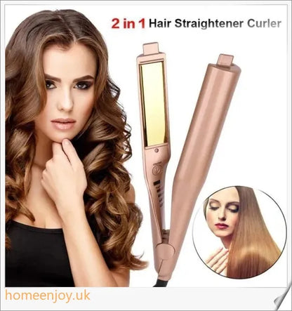 A sleek and versatile 2-in-1 hair straightening and curling iron with adjustable temperature settings