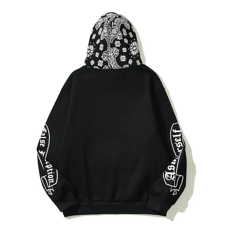 Full Printed Paisley Scroll Stitching Hoodie Sweater in Black, featuring a unique paisley print design and cosy fleece lining