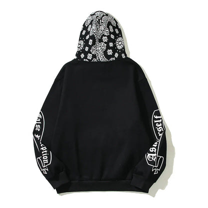 Full Printed Paisley Scroll Stitching Hoodie Sweater in Black, featuring a unique paisley print design and cosy fleece lining
