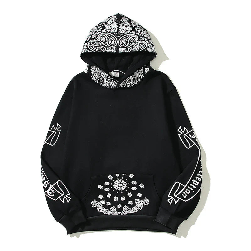 Full Printed Paisley Scroll Stitching Hoodie Sweater in Black, featuring a unique paisley print design and cosy fleece lining
