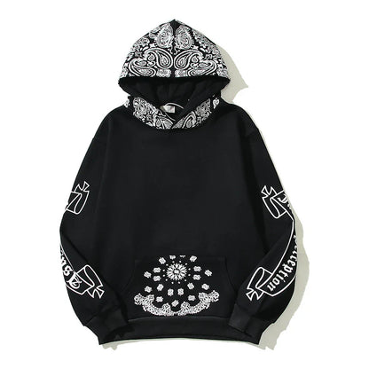 Full Printed Paisley Scroll Stitching Hoodie Sweater in Black, featuring a unique paisley print design and cosy fleece lining