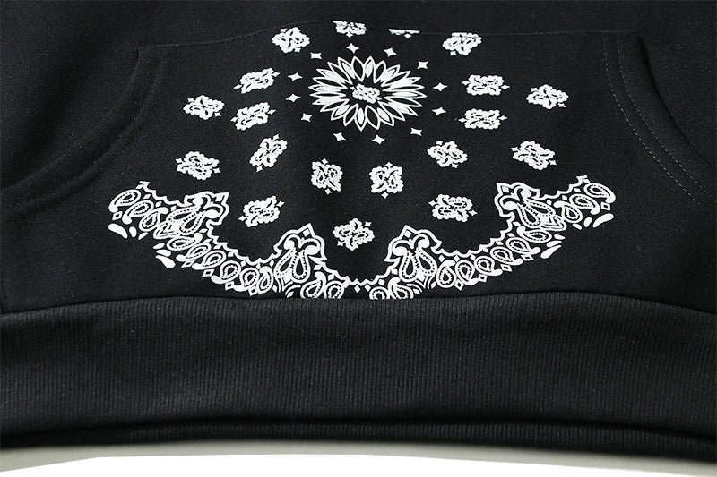 Full Printed Paisley Scroll Stitching Hoodie Sweater in Black, featuring a unique paisley print design and cosy fleece lining