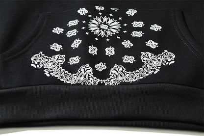 Full Printed Paisley Scroll Stitching Hoodie Sweater in Black, featuring a unique paisley print design and cosy fleece lining