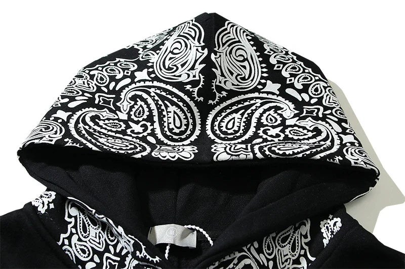 Full Printed Paisley Scroll Stitching Hoodie Sweater in Black, featuring a unique paisley print design and cosy fleece lining