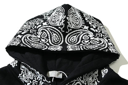 Full Printed Paisley Scroll Stitching Hoodie Sweater in Black, featuring a unique paisley print design and cosy fleece lining