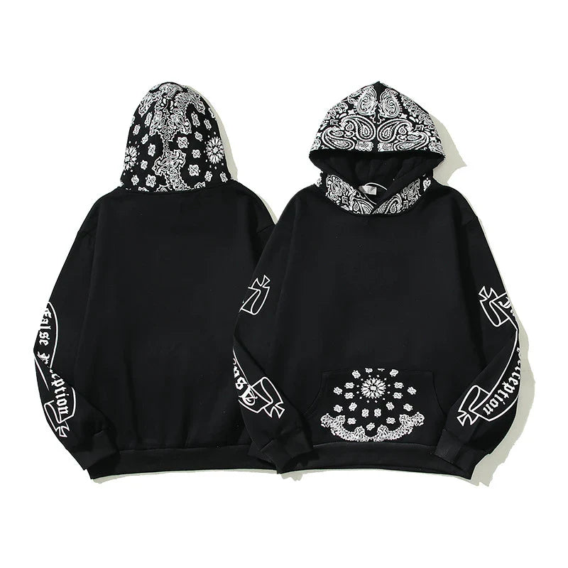 Full Printed Paisley Scroll Stitching Hoodie Sweater in Black, featuring a unique paisley print design and cosy fleece lining