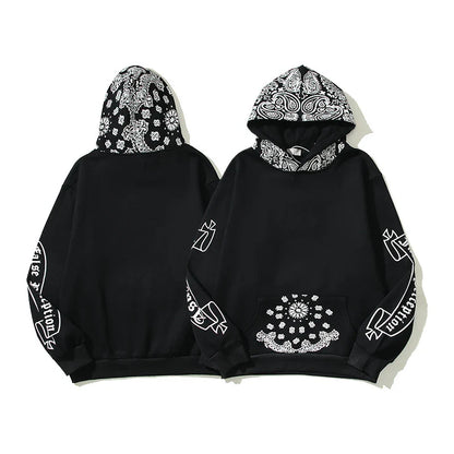Full Printed Paisley Scroll Stitching Hoodie Sweater in Black, featuring a unique paisley print design and cosy fleece lining