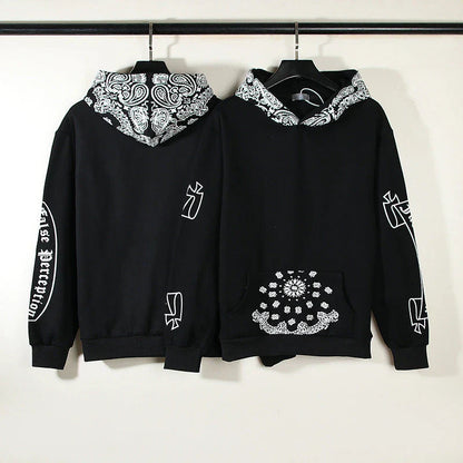 Full Printed Paisley Scroll Stitching Hoodie Sweater in Black, featuring a unique paisley print design and cosy fleece lining