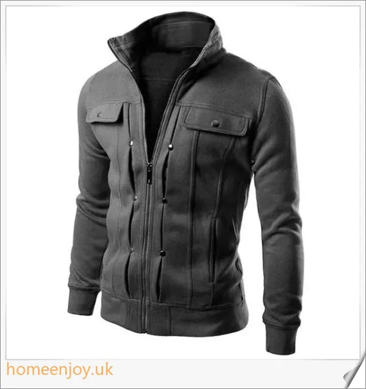 A premium cardigan jacket in a classic stand collar design, made from a soft and breathable fabric blend for versatile casual style.