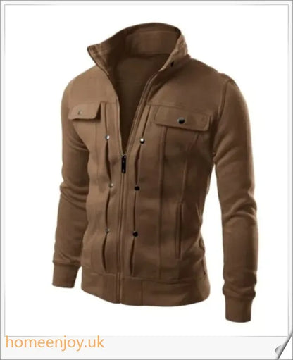 A premium cardigan jacket in a classic stand collar design, made from a soft and breathable fabric blend for versatile casual style.