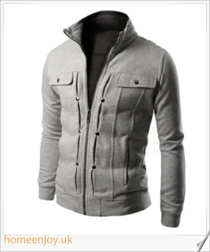 A premium cardigan jacket in a classic stand collar design, made from a soft and breathable fabric blend for versatile casual style.
