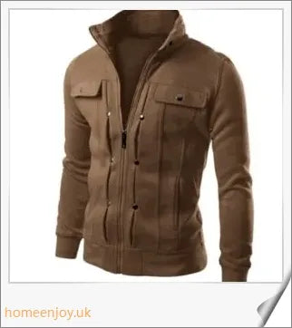 A premium cardigan jacket in a classic stand collar design, made from a soft and breathable fabric blend for versatile casual style.