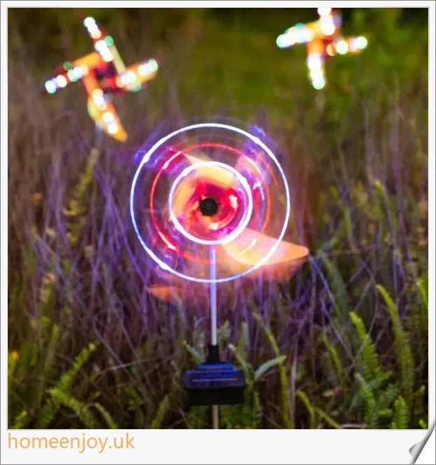 Decorative solar-powered windmill light with RGB changing lights for outdoor garden use