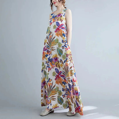 Floral print cotton linen long dress with a flowing A-line silhouette and classic O-neck design