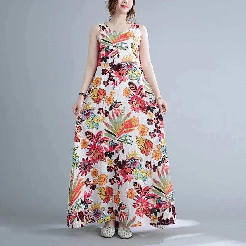 Floral print cotton linen long dress with a flowing A-line silhouette and classic O-neck design