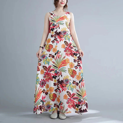 Floral print cotton linen long dress with a flowing A-line silhouette and classic O-neck design