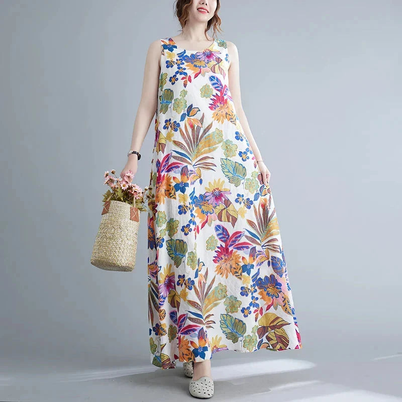 Floral print cotton linen long dress with a flowing A-line silhouette and classic O-neck design