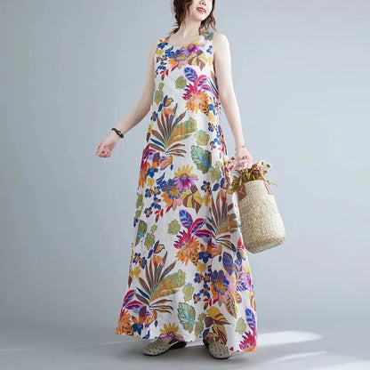 Floral print cotton linen long dress with a flowing A-line silhouette and classic O-neck design