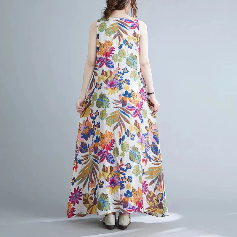 Floral print cotton linen long dress with a flowing A-line silhouette and classic O-neck design