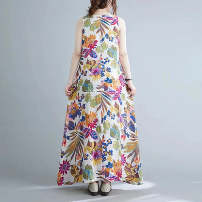 Floral print cotton linen long dress with a flowing A-line silhouette and classic O-neck design