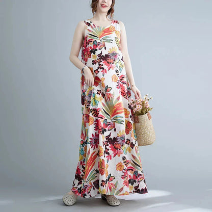 Floral print cotton linen long dress with a flowing A-line silhouette and classic O-neck design