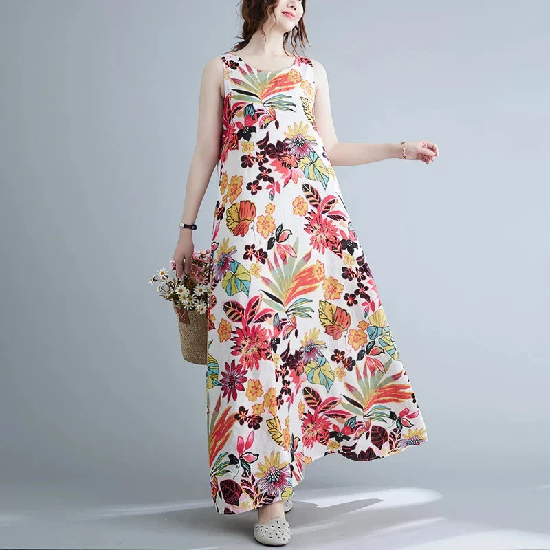 Floral print cotton linen long dress with a flowing A-line silhouette and classic O-neck design