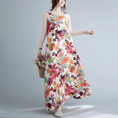 Floral print cotton linen long dress with a flowing A-line silhouette and classic O-neck design