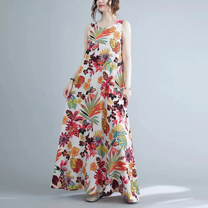 Floral print cotton linen long dress with a flowing A-line silhouette and classic O-neck design