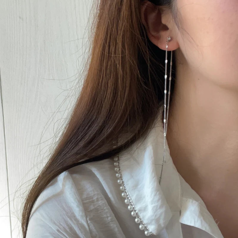 Elegant long tassel sequin earrings in silver, inspired by the Han Dynasty