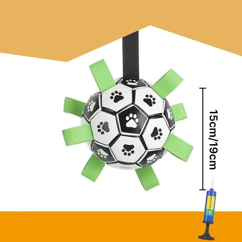 A durable, leather dog toy in the shape of a football with easy-to-grip tabs for interactive play and training.